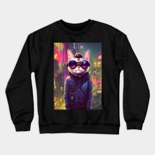 Techno Cat In Japan Neon City Crewneck Sweatshirt